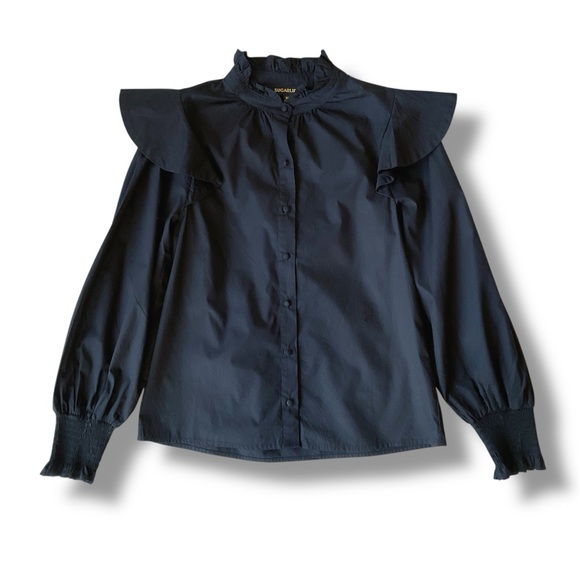 Sugarlips Malbec Ruffle Button Front Black Poplin Blouse Size XS - Picture 3 of 9